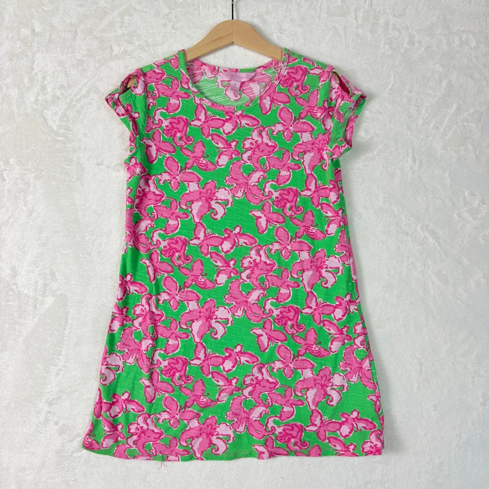 Lilly Pulitzer T-Shirt Dress Kids M 6-7 Green Pink Excellent Floral Slit Sleeve